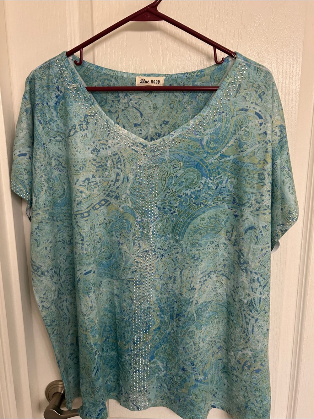Blue Mood Women's Light Blue Embellished V-Neck Blouse